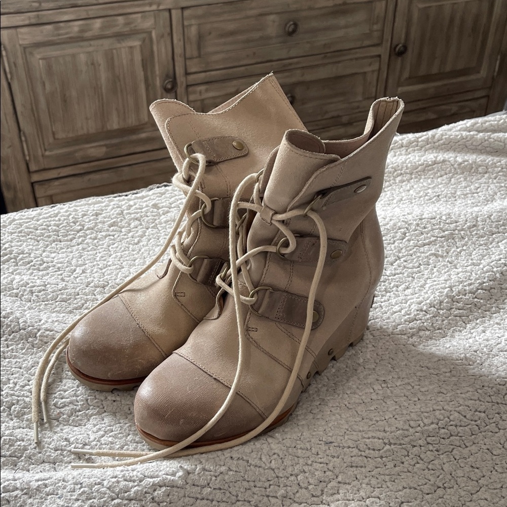 Beige Lace-Up Wedge Boots